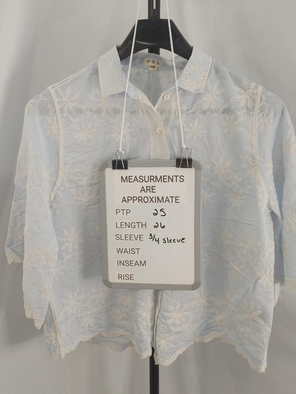 POL Embroidered Floral Blouse Light Blue Lace Trim Button Front Boho Top OS - Picture 13 of 14